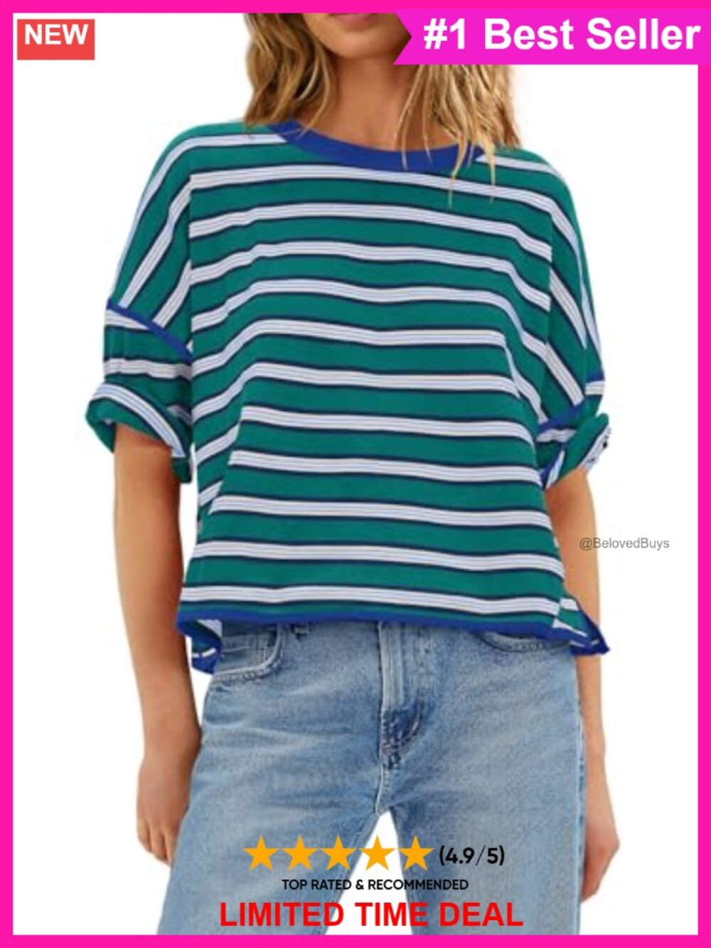 Yanekop Womens Oversized Striped Half Sleeve T-Shirt Casual Top